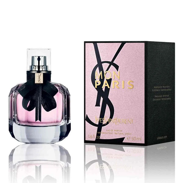 Yves Saint Laurent Mon Paris 90ml perfume bottle with elegant pink and gold design, front view showing the classic fragrance bottle.
