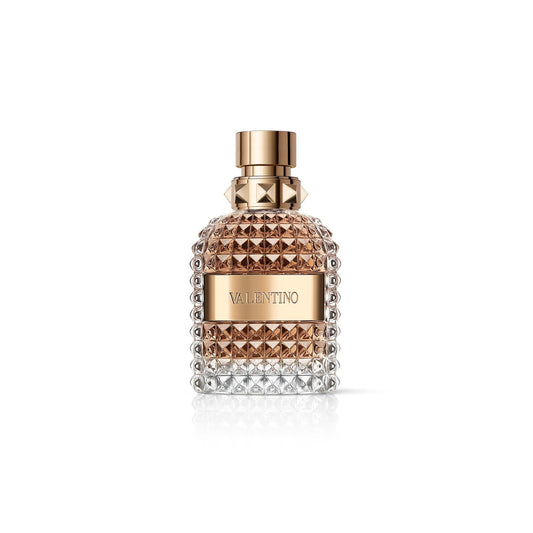 Valentino Uomo 100ml fragrance bottle with sleek design, featuring a silver cap and modern label, on a plain background.