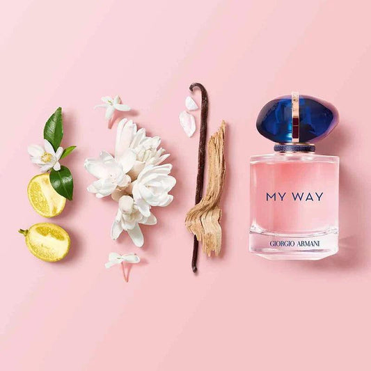 Giorgio Armani My Way Eau de Parfum 90ml bottle with elegant packaging and floral design on the label.