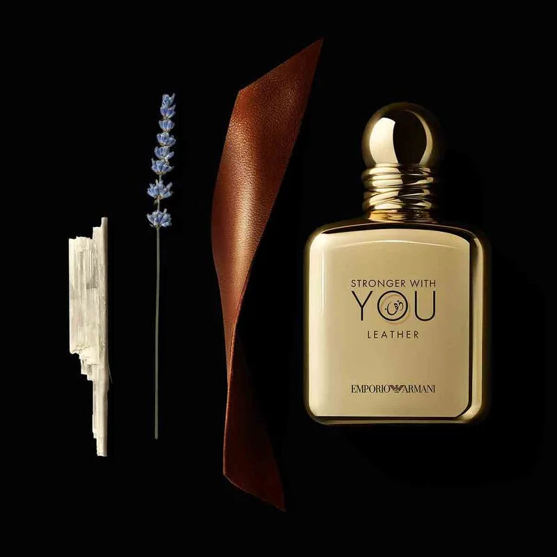 Giorgio Armani Stronger With You Leather perfume bottle, 100ml, with sleek design and embossed label on the glass.