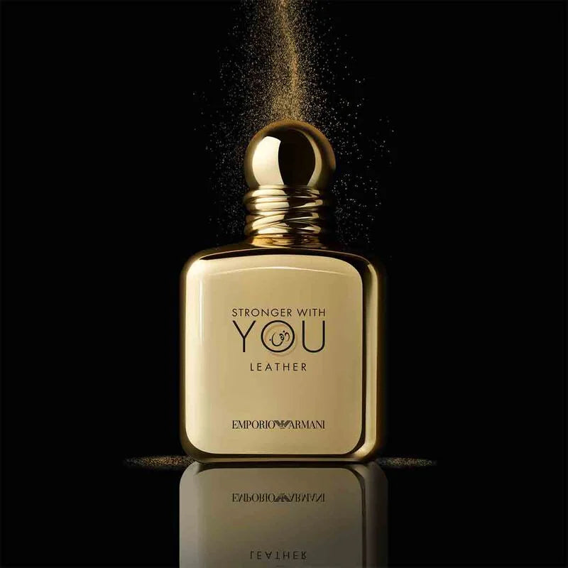 Giorgio Armani Stronger With You Leather perfume bottle, 100ml, with sleek design and elegant branding visible in the image.
