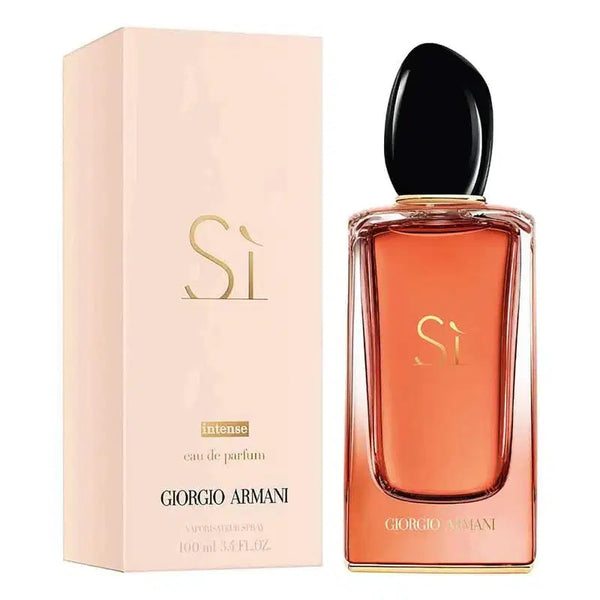 Giorgio Armani SI EDP Intense 100ml perfume bottle with sleek black and gold design on a white background.