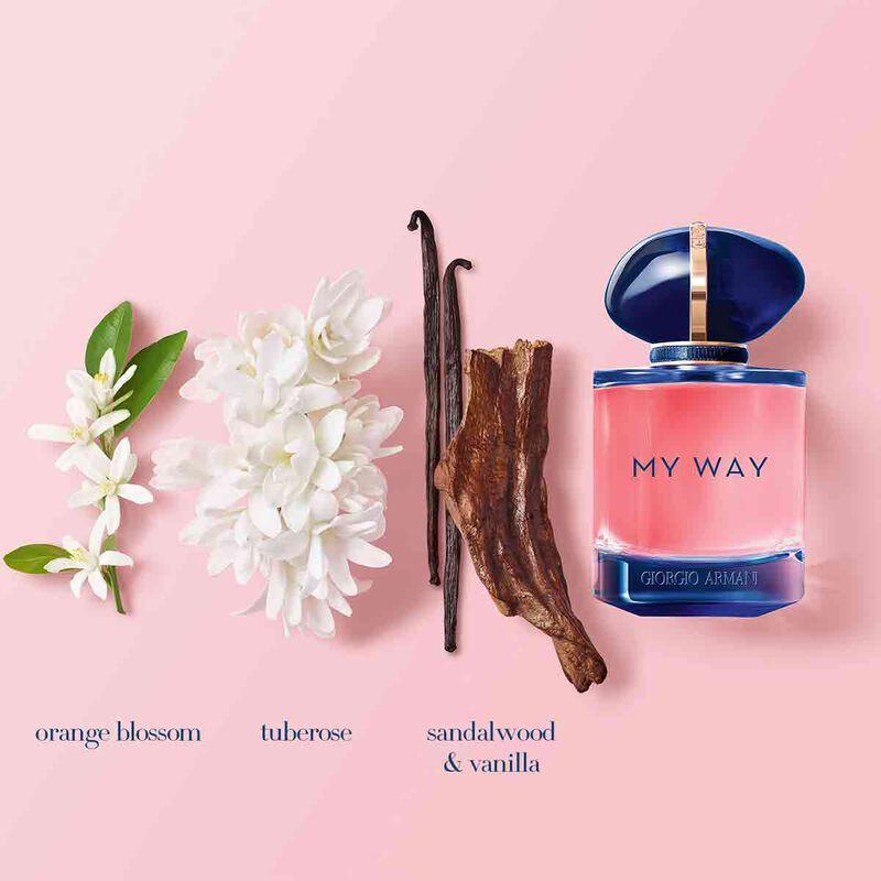 Giorgio Armani My Way Intense Eau de Parfum 90ml bottle with elegant design and floral accents.