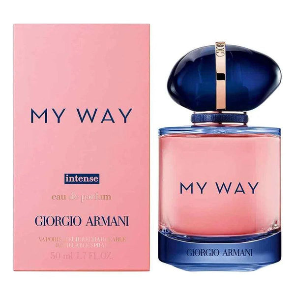 Giorgio Armani My Way Intense Eau de Parfum 90ml bottle with elegant packaging and floral design.