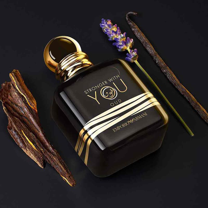 Emporio Armani Stronger With You Oud 100ML perfume bottle with a dark, sleek design and gold accents.