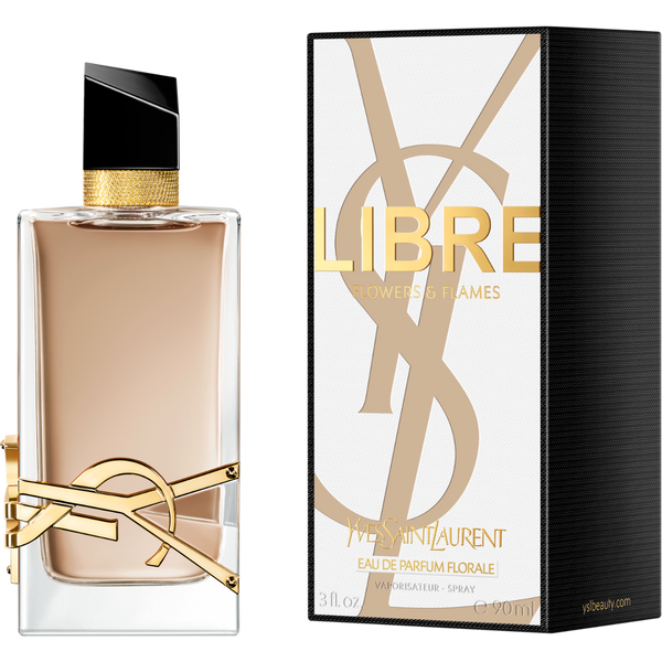 Yves Saint Laurent Libre Flowers and Flames 90ml perfume bottle with floral and fiery design in the image.