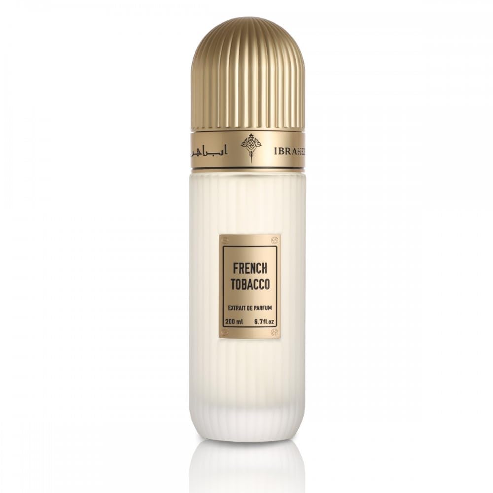 French Tobacco 100ML perfume by Ibrahim Al Qurashi showing the elegant bottle with gold accents and a sleek design.