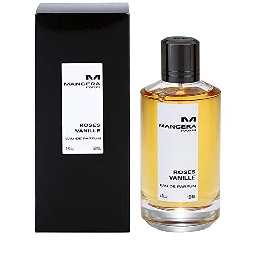 Mancera Roses Vanille 120ml perfume bottle with floral and vanilla scent notes, elegant design, and soft pink accents.