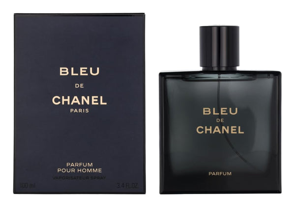 Chanel Bleu de Chanel Parfum 100ML bottle with sleek design and dark blue cap, displayed on a neutral background.
