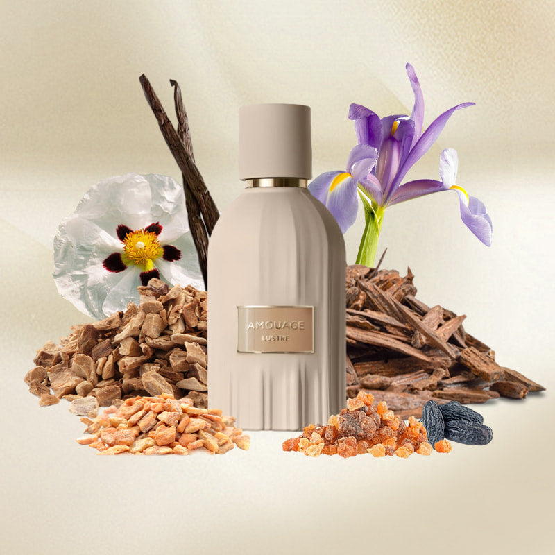 Amouage Lustre perfume bottle with elegant design, 100ml size, showcasing the luxurious fragrance packaging.
