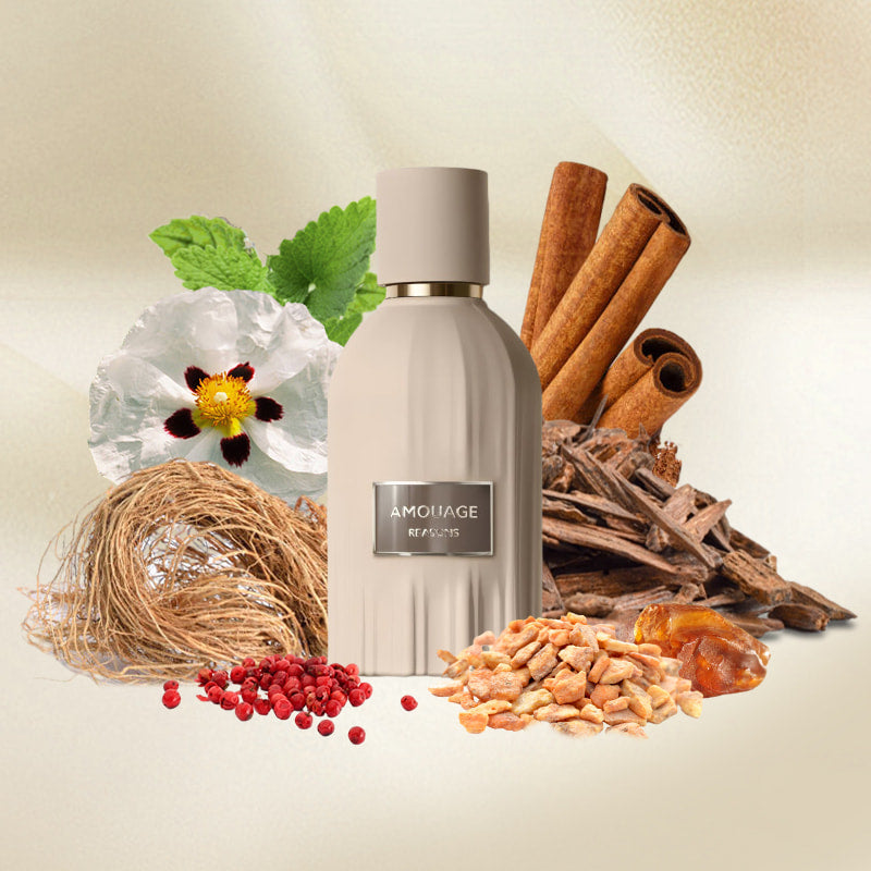 Reasons Amouage perfume bottle, 100ML, elegant glass with gold accents, showcasing luxury fragrance packaging.