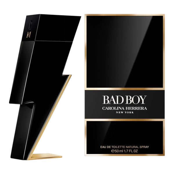 Carolina Herrera Bad Boy 100ml perfume bottle with sleek black and silver design, standing upright on a white background