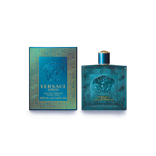 Versace Eros 100ML Eau de Parfum bottle with sleek design and gold accents, showcasing the luxurious fragrance packaging.