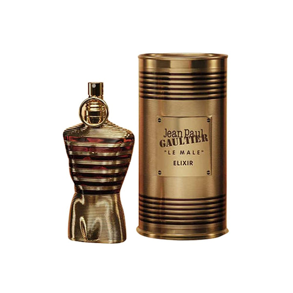 Jean Paul Gaultier Le Male Elixir 125ml perfume bottle with sleek design and metallic accents.