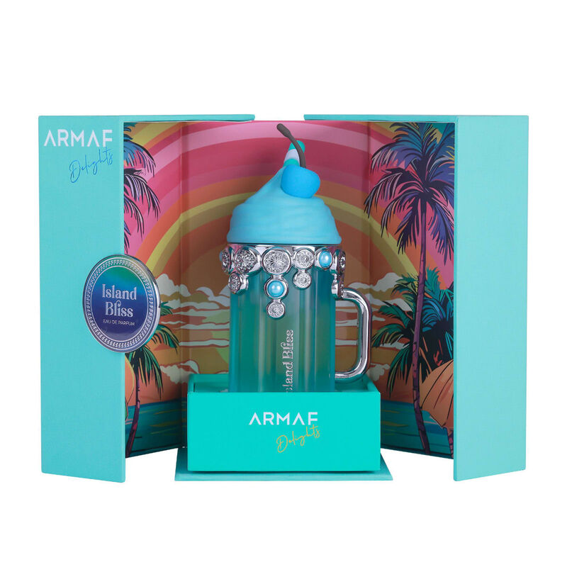 Armaf Island Bliss perfume bottle in a 100ML size with a sleek design, displayed on a plain background.