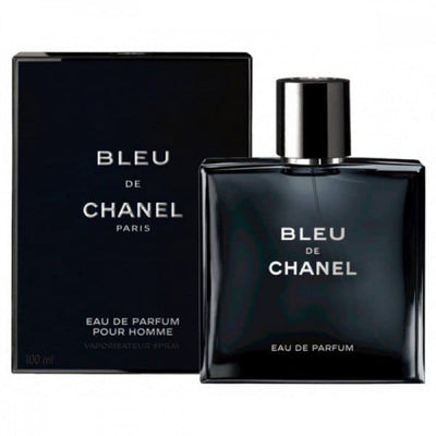 Chanel Bleu de Chanel Eau de Parfum 100ml bottle with sleek black design and silver accents on a plain background