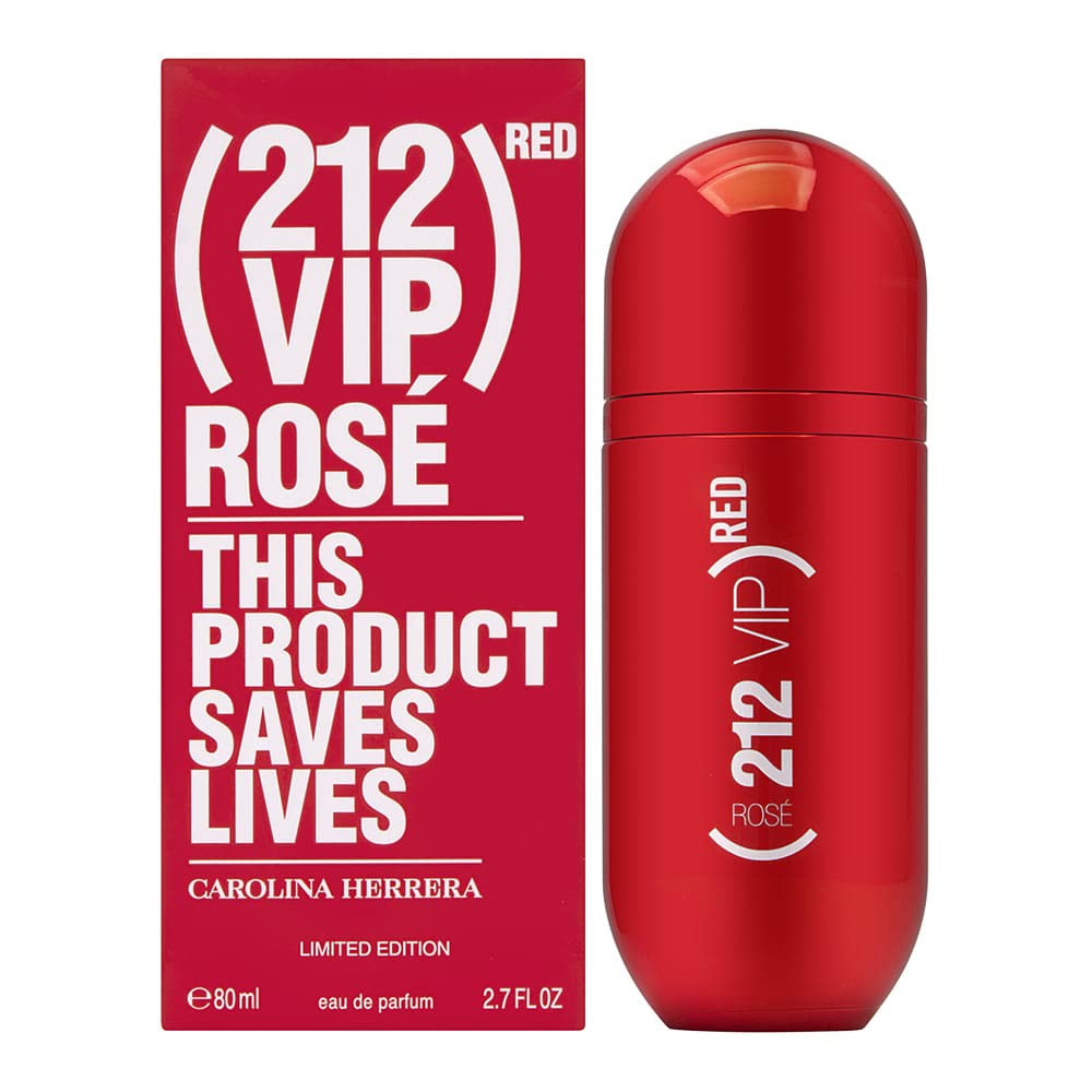 Carolina Herrera 212 VIP Rosé Red perfume bottle, 80ml, with pink and red floral design and sleek glass container.