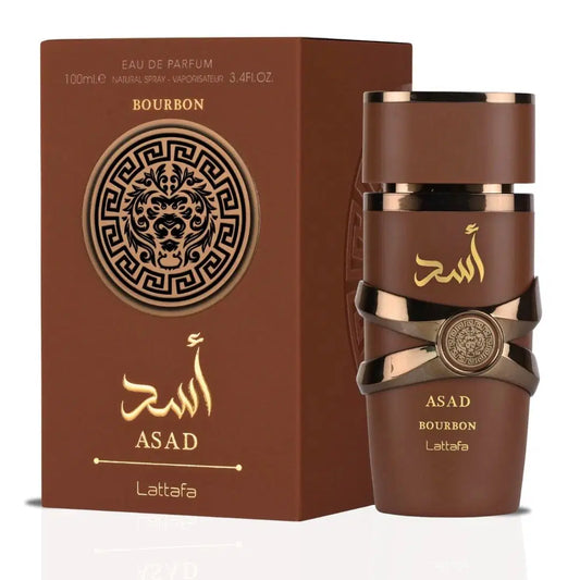 Lattafa Asad Bourbon 100ml perfume bottle with ornate design and gold accents.