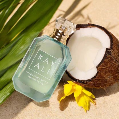 Kayali Maldives in a Bottle Ylang Coco 20 Eau de Parfum bottle, 100ml, with tropical floral and coconut scent in elegant packaging.