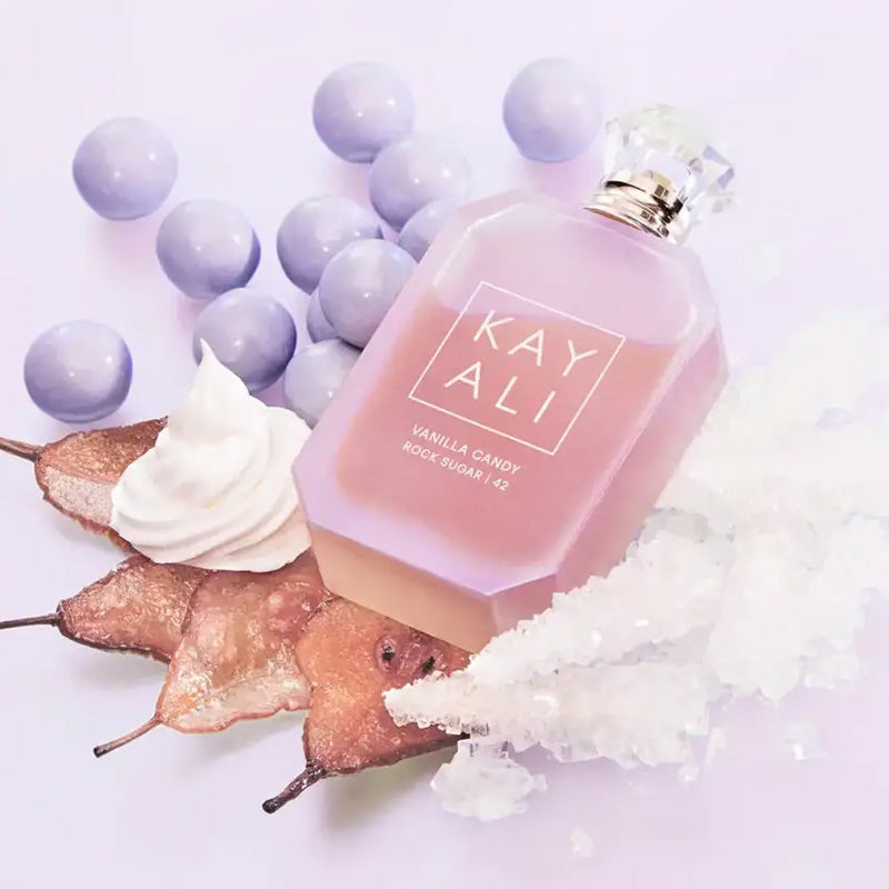 Vanilla Candy Rock Sugar bottle from Kayali, 100ml fragrance with sweet vanilla scent and elegant packaging.