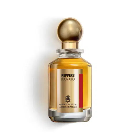 Peppers Body Oud Spray 100ML by Abdul Samad Al Qurashi, featuring a sleek bottle with elegant design and fragrance details.