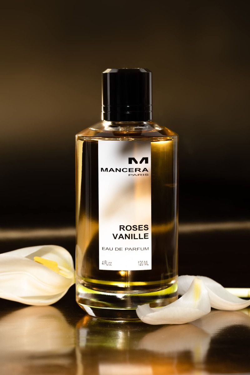 Mancera Roses Vanille 120ml perfume bottle with elegant floral design and soft pink accents.