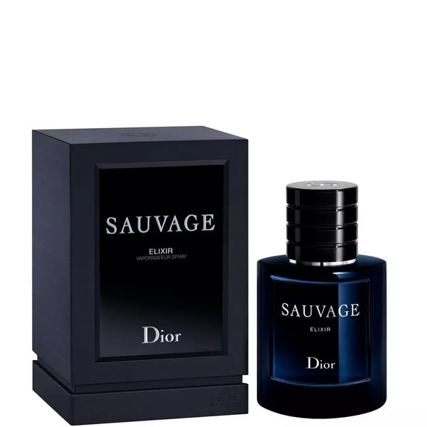 Dior Sauvage Elixir perfume bottle in 75ml, sleek glass design with silver cap, on a neutral background