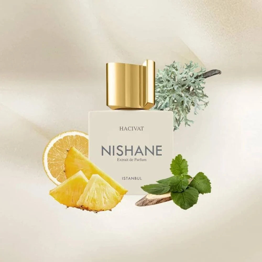 Nishane Hacivat fragrance bottle, 100ml, with clear glass design showcasing the luxury perfume inside.