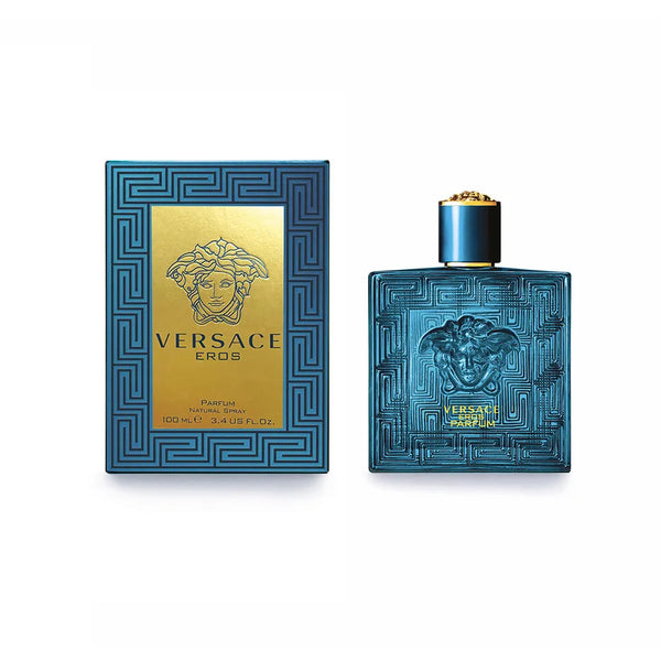 Versace Eros Parfum 100ML bottle with ornate cap and sleek design, showcasing the luxurious fragrance packaging.