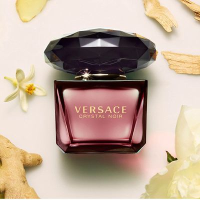 Versace Crystal Noir perfume bottle, 90ML, elegant glass container with black and gold accents, luxurious fragrance presentation