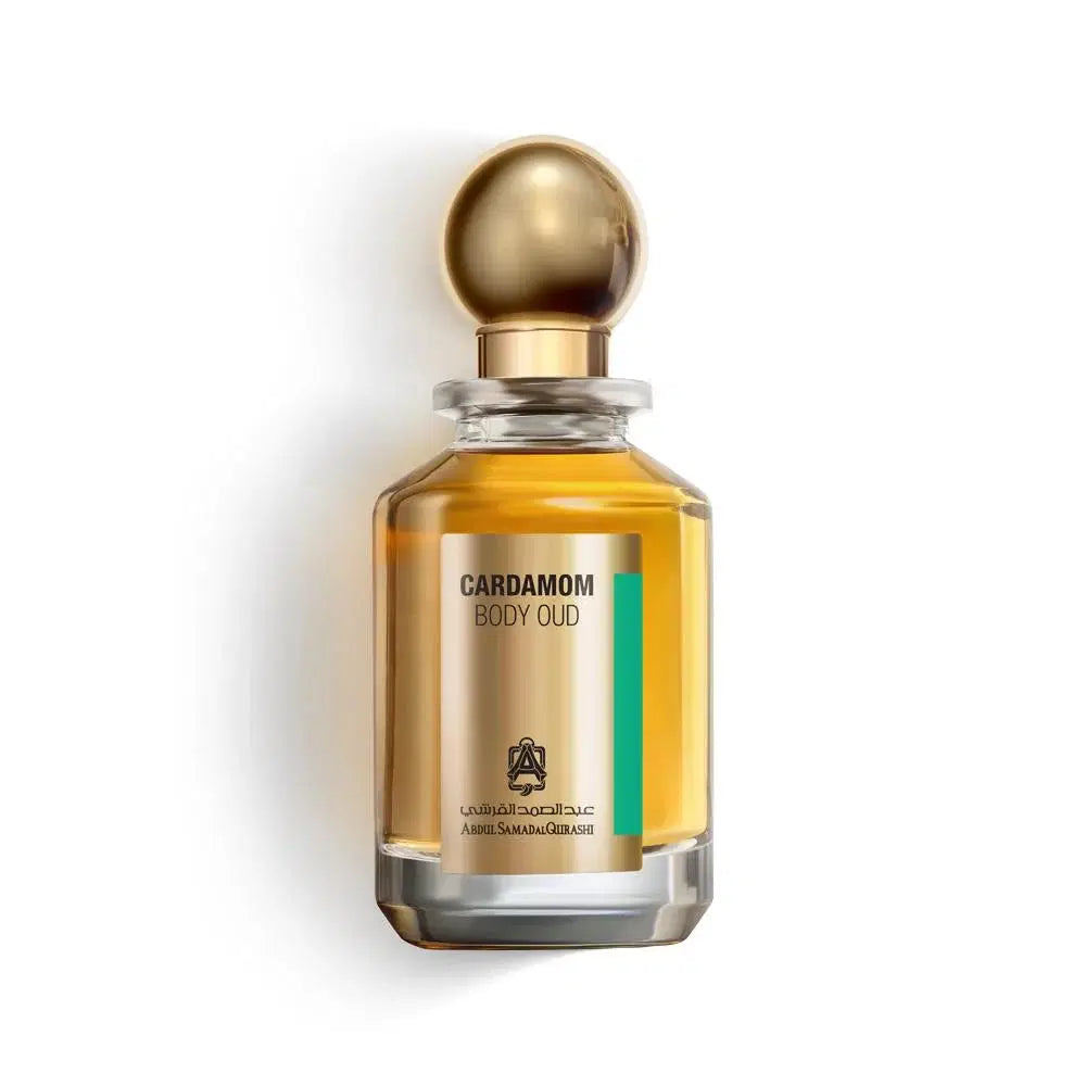 Abdul Samad Al Qurashi Cardamom Body Oud Spray 100 ML bottle with elegant design and branding on the label.