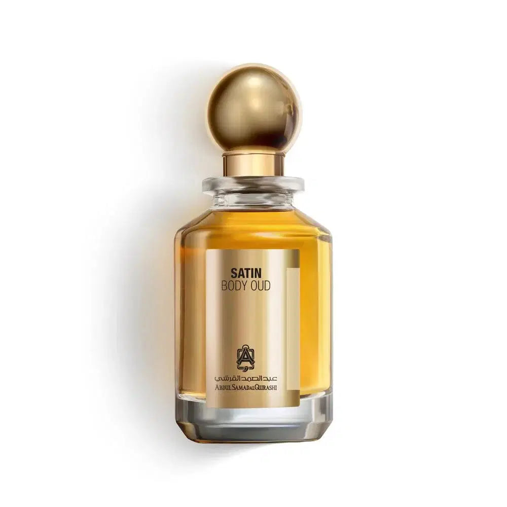 Satin Body Oud EDP by Abdul Samad Al Qurashi in a 100 ml bottle, with elegant packaging and a luxurious fragrance appearance