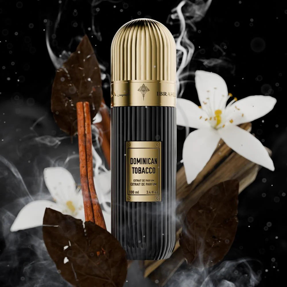 Ibrahim Al Qurashi Dominican Tobacco 100ML bottle with elegant packaging and label, showcasing the luxurious fragrance design.
