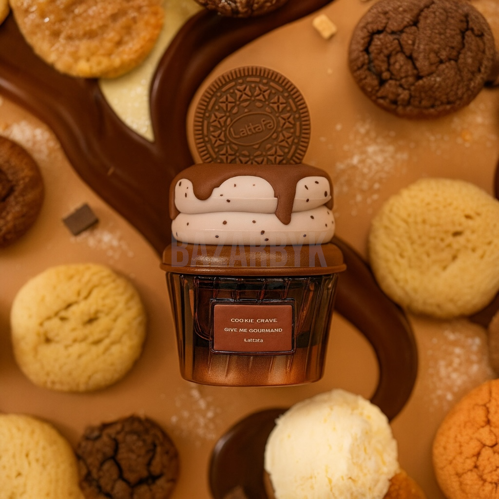 Lattafa Cookie Crave perfume bottle, 75ml, with a sleek design and elegant packaging for a sweet, gourmand fragrance.