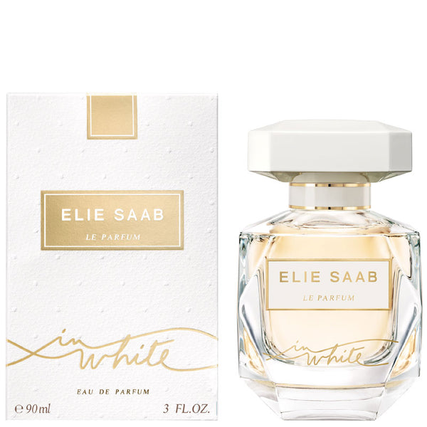 Elie Saab Le Parfum in White 90ml bottle, elegant perfume with floral and woody notes, displayed on a neutral background.
