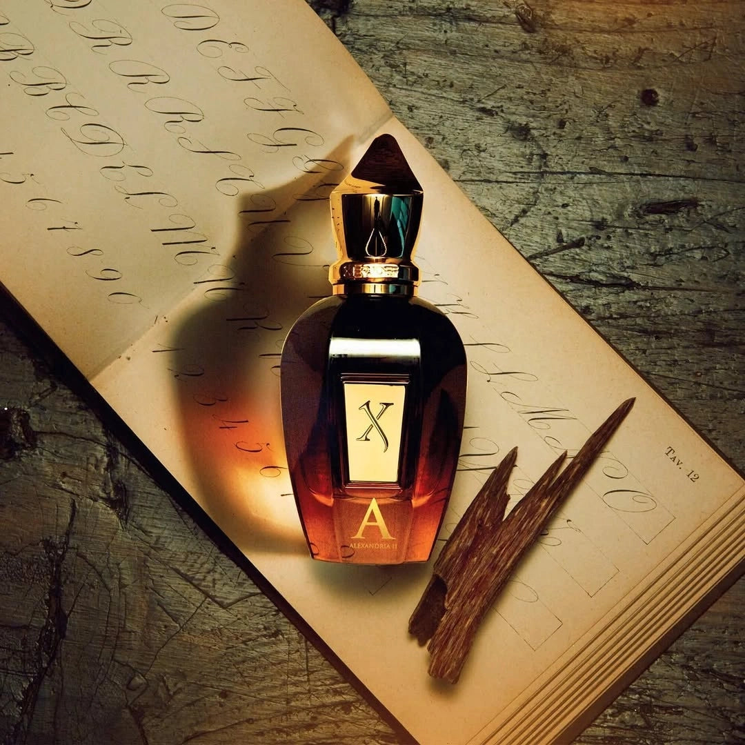 Xerjoff Alexandria II perfume bottle with elegant glass design and silver cap, showcasing the luxury fragrance inside.