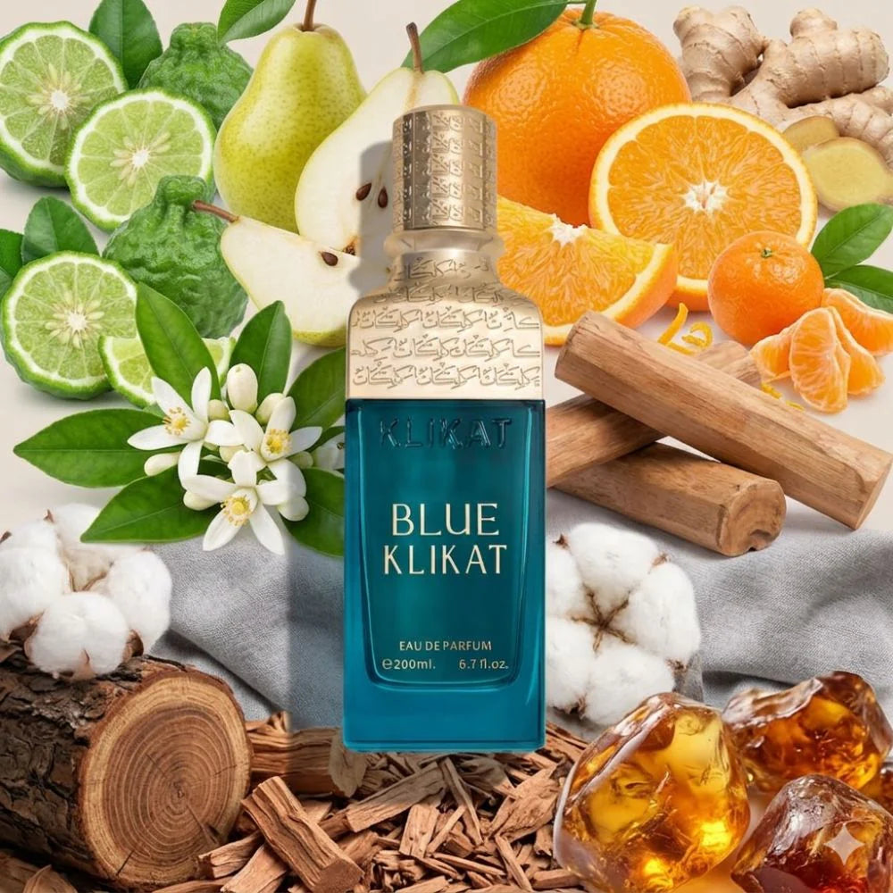 Alezz Oud Klikat Blue 200ml fragrance bottle showcasing clear glass and blue-toned accents.