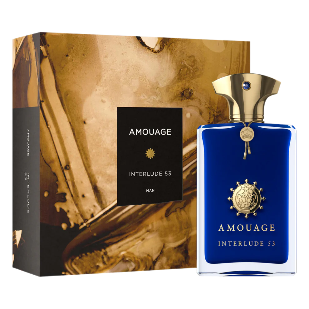 Amouage Interlude 53 Man 100ml extrait de parfum bottle with intricate design and silver cap, showcasing luxury men's fragrance.