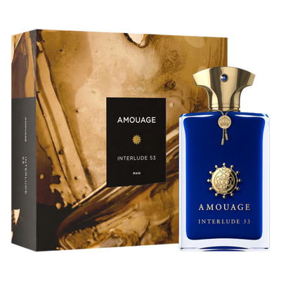 Amouage Interlude 53 Man 100ml extrait de parfum bottle with intricate design and silver cap, showcasing luxury men's fragrance.