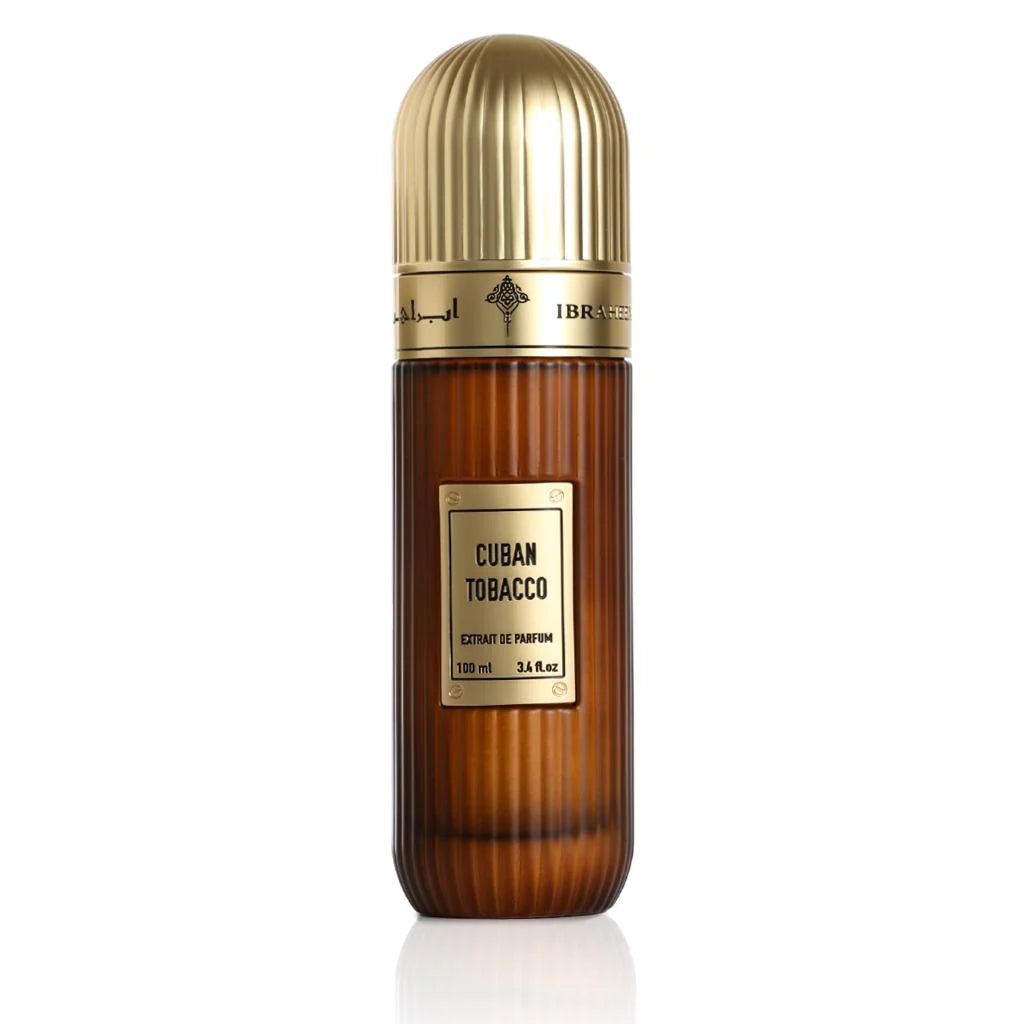Cuban Tobacco 100ML bottle by Ibrahim Al Qurashi, featuring a sleek design with a textured label and amber-colored liquid inside.