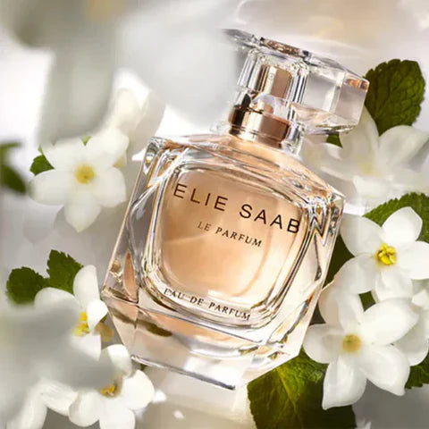 Elie Saab Le Parfum Eau de Parfum bottle in 90ml with elegant design and floral accents, showcasing luxury fragrance.