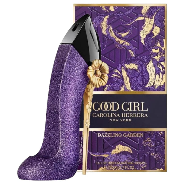 Carolina Herrera Good Girl Dazzling Garden perfume bottle with floral design and elegant gold accents.