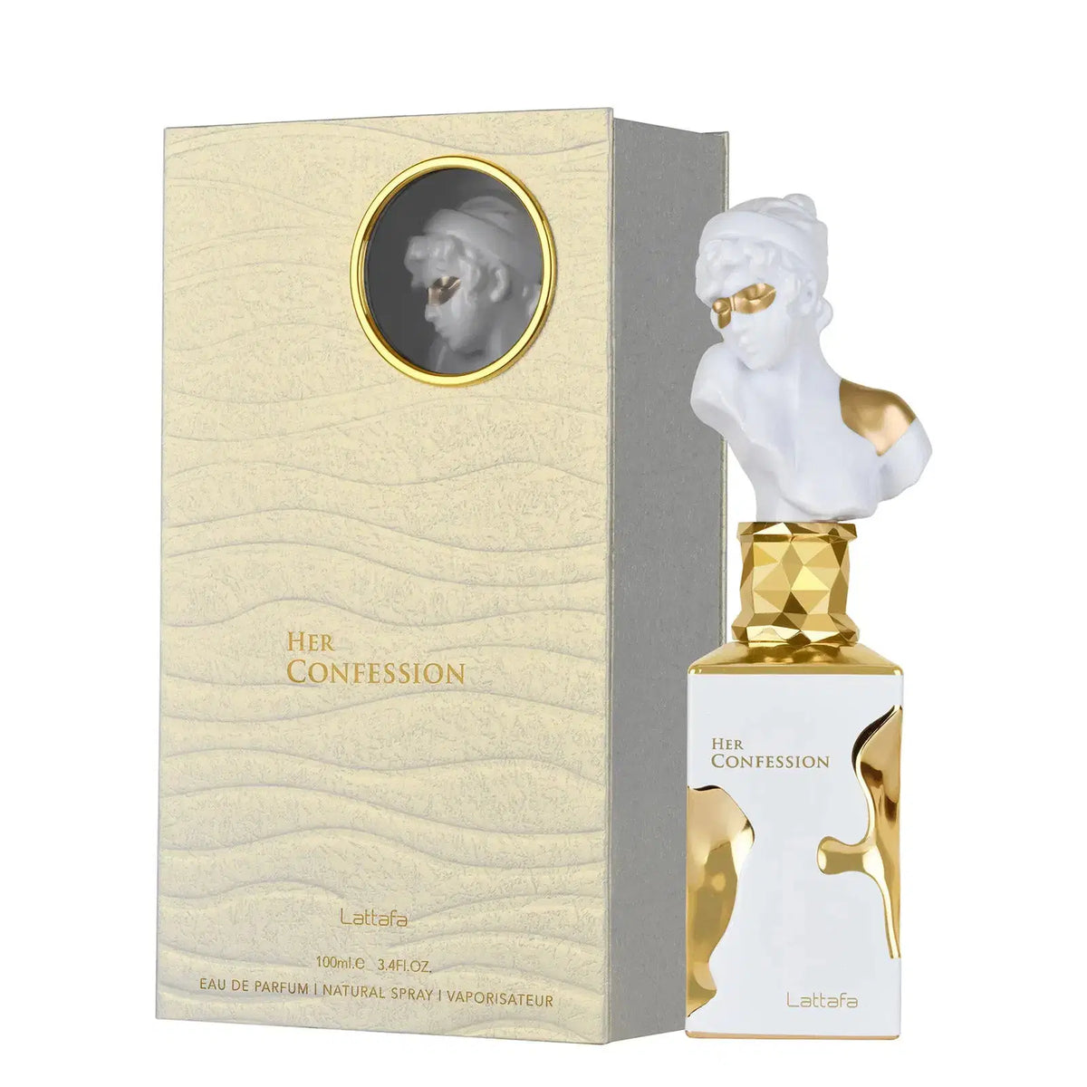 Her Confession perfume by Lattafa, 100ml EDP bottle with elegant packaging and a sleek design.