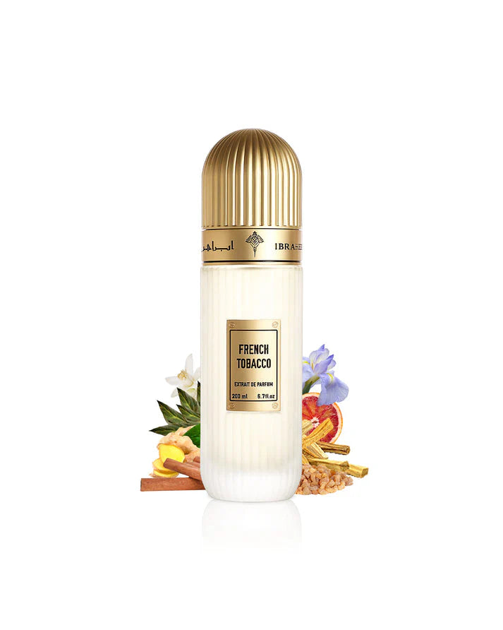 Ibrahim Al Qurashi French Tobacco 100ml perfume bottle with elegant packaging and dark tobacco-colored accents.