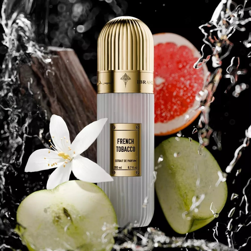 Ibrahim Al Qurashi French Tobacco 100ML extrait de parfum bottle with elegant label and dark amber fragrance liquid inside.