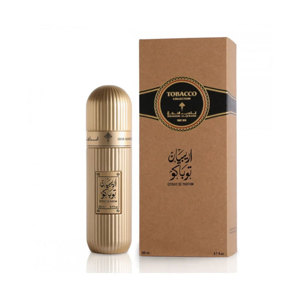 Ibrahim Al Qurashi Arabian Tobacco Eau de Parfum 100ML bottle with ornate design and dark tobacco-colored liquid inside.