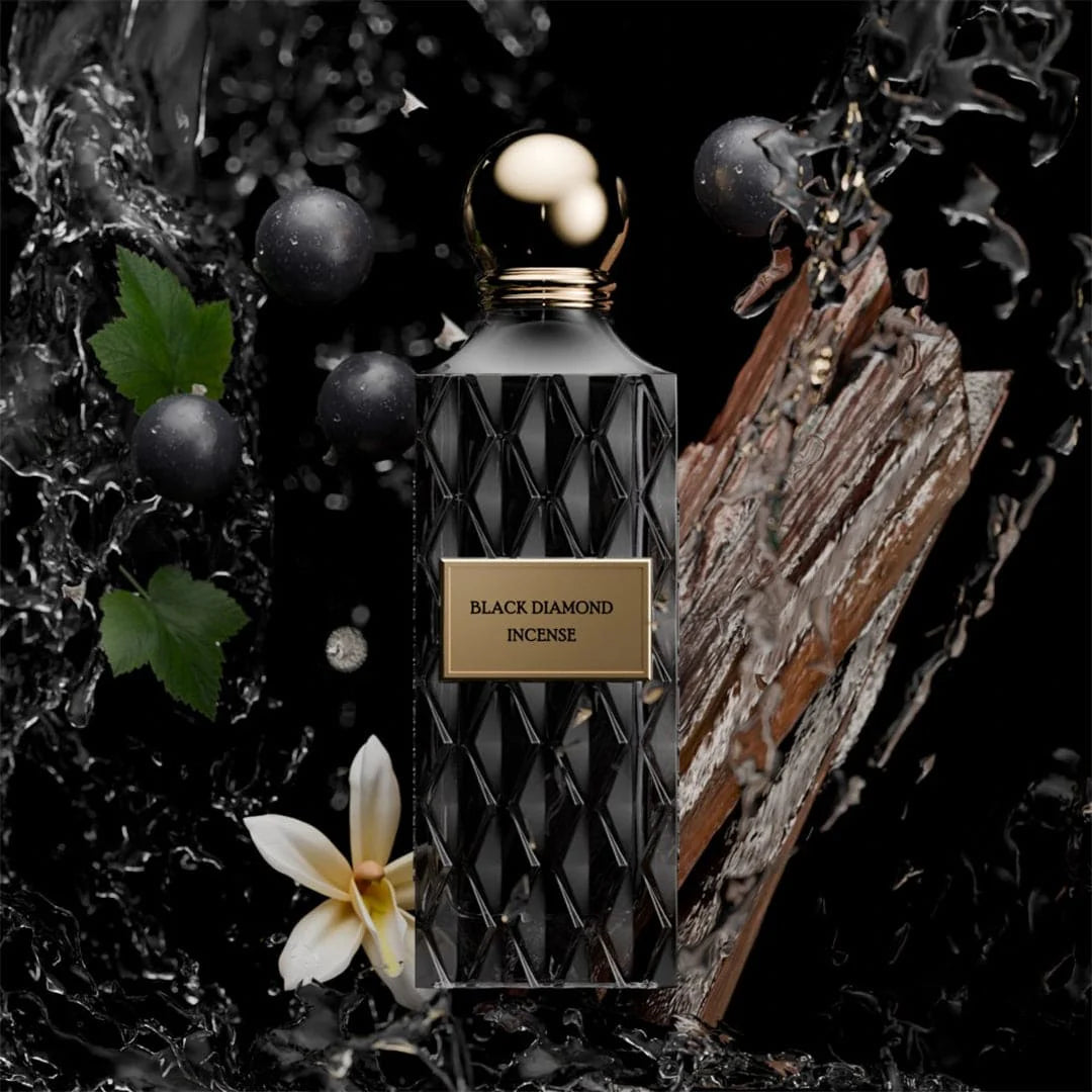 Black Diamond Incense by Ibrahim Al Qurashi in a 200ML bottle, featuring dark, elegant packaging with the incense inside.