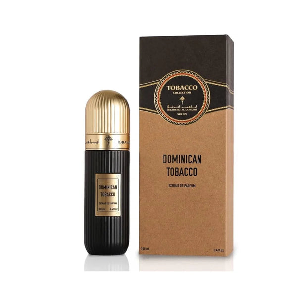 Ibrahim Al Qurashi Dominican Tobacco 100ML Eau De Parfum bottle with elegant label and cap, showcasing rich tobacco scent.
