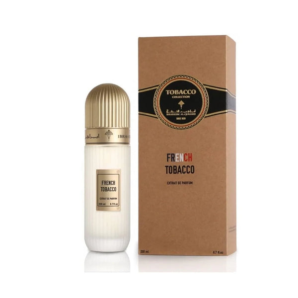Ibrahim Al Qurashi French Tobacco Eau de Parfum 100ML bottle with elegant design and dark tobacco-colored accents.