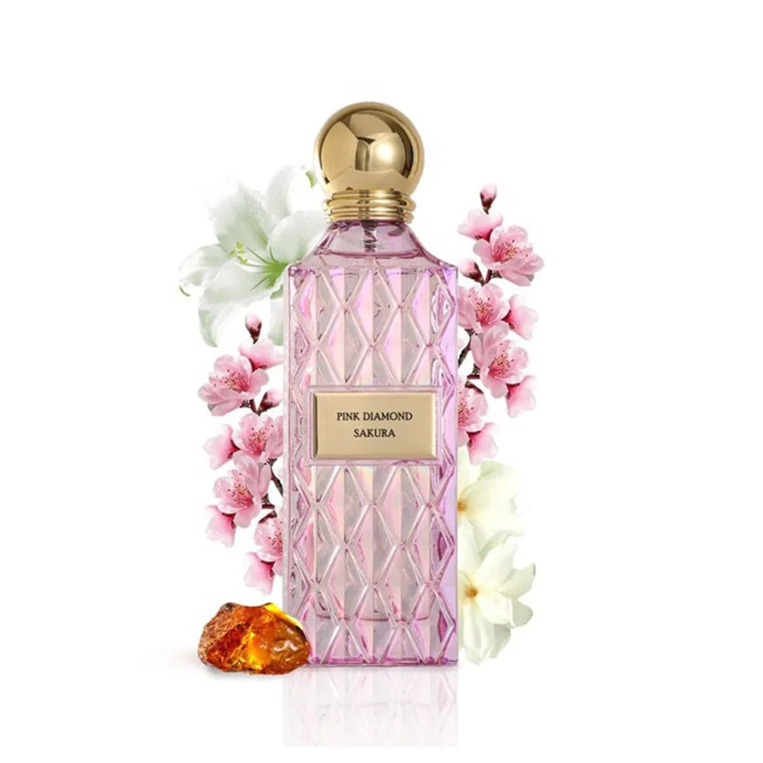 Ibrahim Al Qurashi Pink Diamond Sakura 200ML Eau de Parfum bottle with pink floral design and elegant packaging.